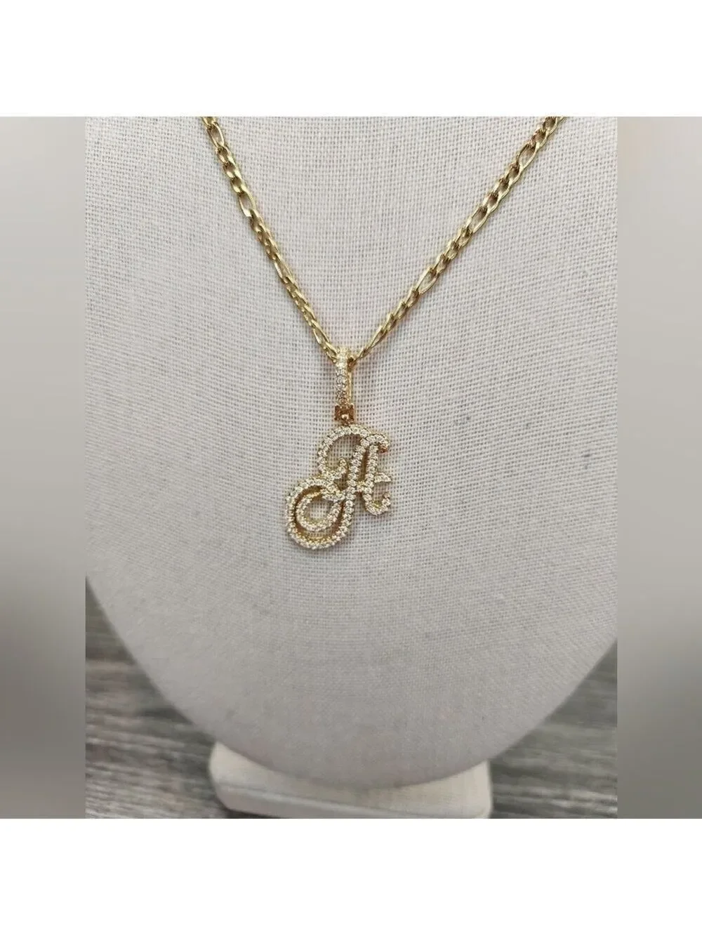 18k Gold Plated Simulated Diamond Script Letter Necklace, Figaro Style Chain.